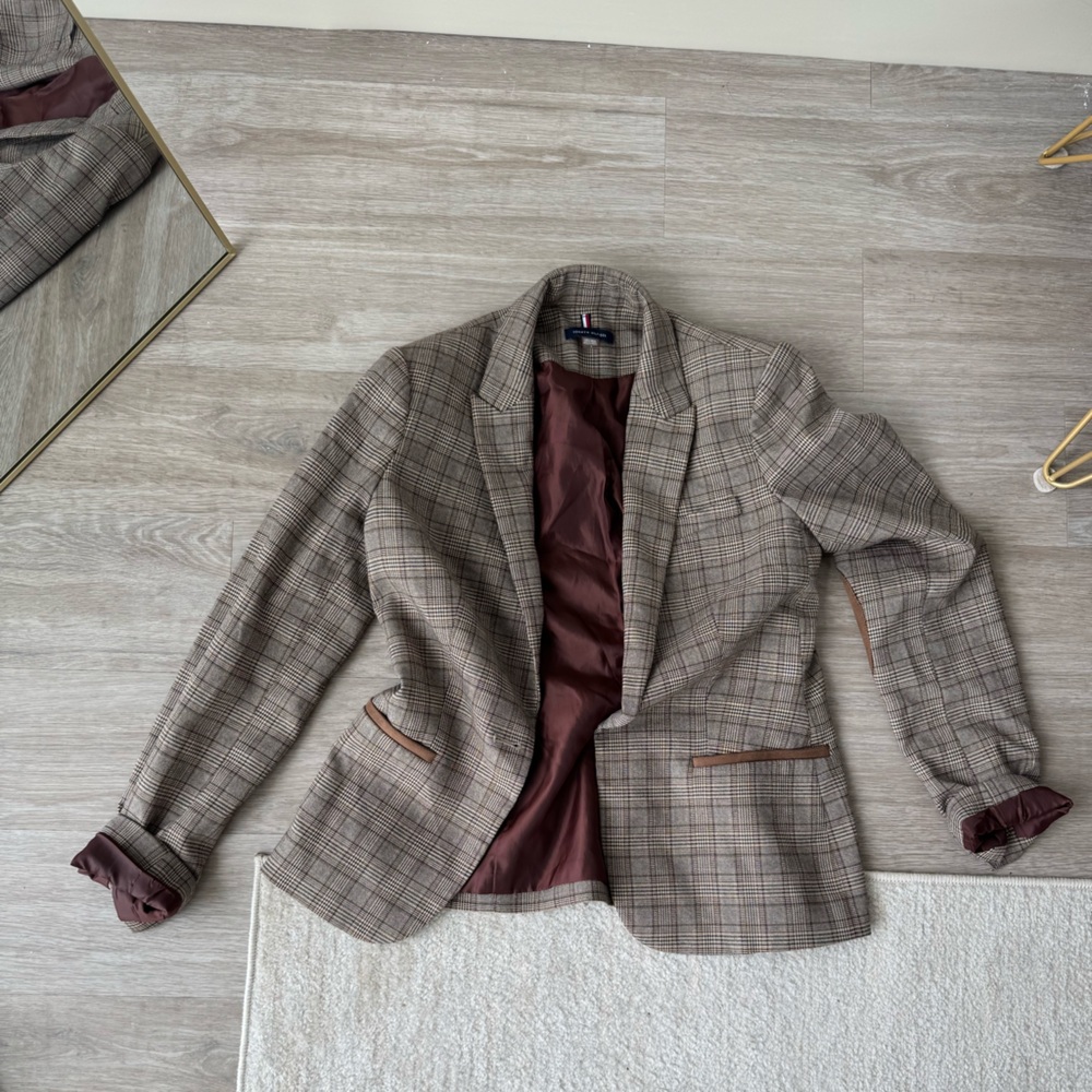 Tommy Hilfiger Women's Plaid Blazer - Brown and Gray